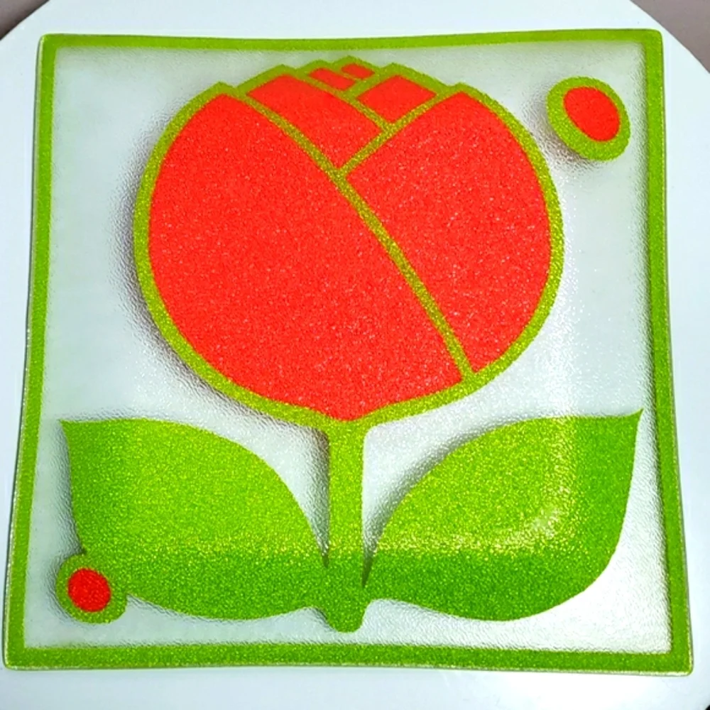 VTG 60S COLONY Glass Red Tulip & Green Leaf Clear Glass Square Serving Dish